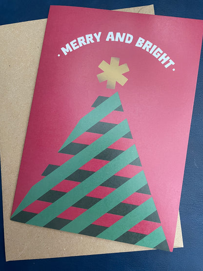Pack of 5 Merry and Bright Tree Christmas Cards